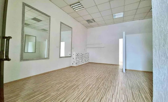 Przestronne pomieszczenie lokalu usługowego z dwoma dużymi lustrami, drewnopodobną podłogą oraz przejściami do kolejnych pomieszczeń.